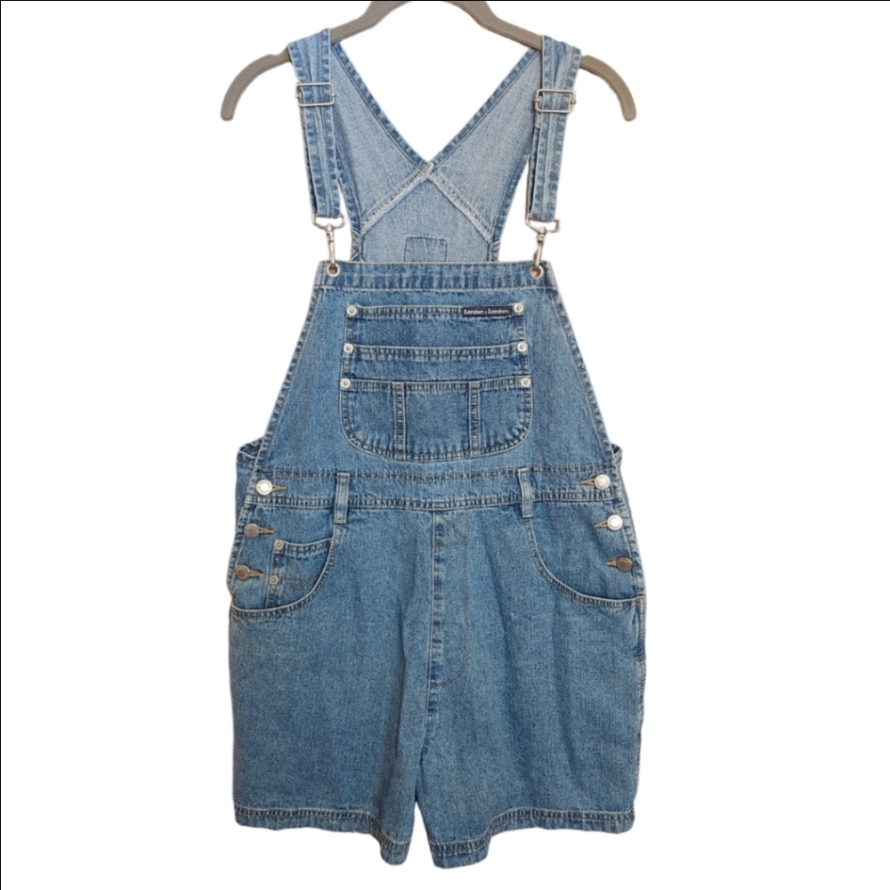 LONDON LONDON LUCY DENIM SHORTALLS SHORT OVERALLS SIZE LARGE EUC
